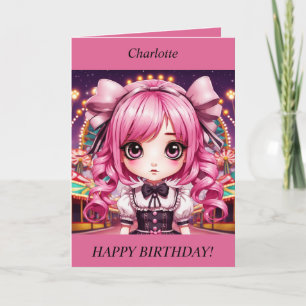 Cute Chibi Girl rosa hair Birthday Card Helgkort