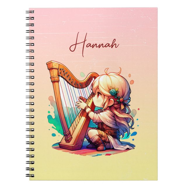 Cute Chibi Girl spelar Harp Personlig Anteckningsbok (Framsidan)