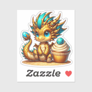 Cute Chibi Guld och Blue Dragon med Cupkaka Klistermärken