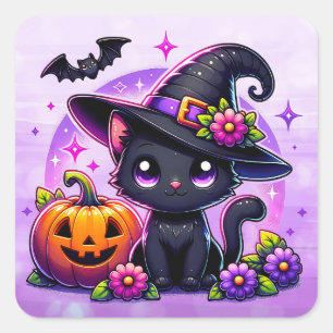 Cute Chibi Halloween Black Cat and Pumpkin Fyrkantigt Klistermärke