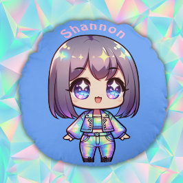 Cute Chibi Holografiskt monogram på Blue | Rund Kudde