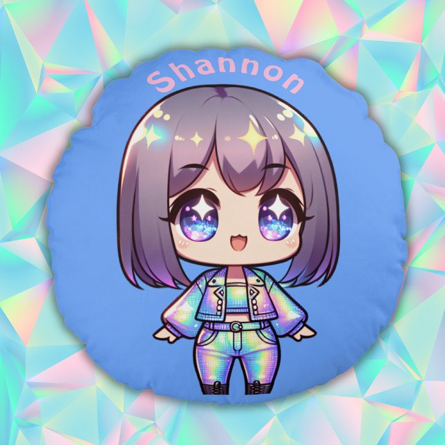 Cute Chibi Holografiskt monogram på Blue | Rund Kudde (Skapare uppladdad)