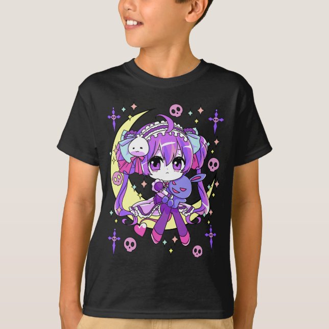 Cute Chibi Kawaii Anime Girls Pastel Goth för T Shirt (Framsida)