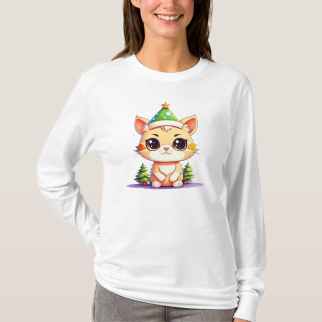 Cute Chibi Kawaii Tecknad jul Kattunge T Shirt (Framsida)