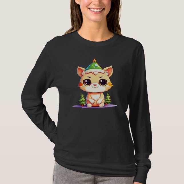 Cute Chibi Kawaii Tecknad jul Kattunge T Shirt (Framsida)