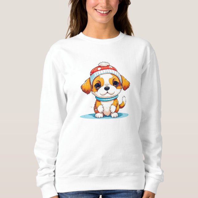 Cute Chibi Kawaii Tecknad, julpuppy Hund T Shirt (Framsida)