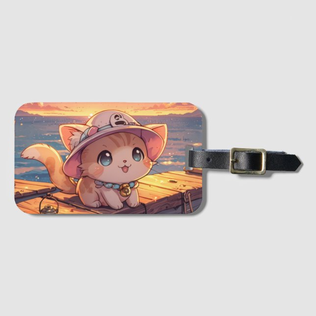 Cute Chibi Kitten at the Harbor Sunset – Whimsical Bagagebricka (Framsida horisontal)