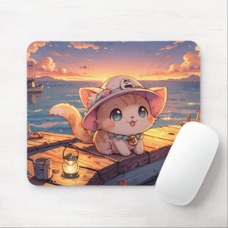 Cute Chibi Kitten at the Harbor Sunset – Whimsical Musmatta