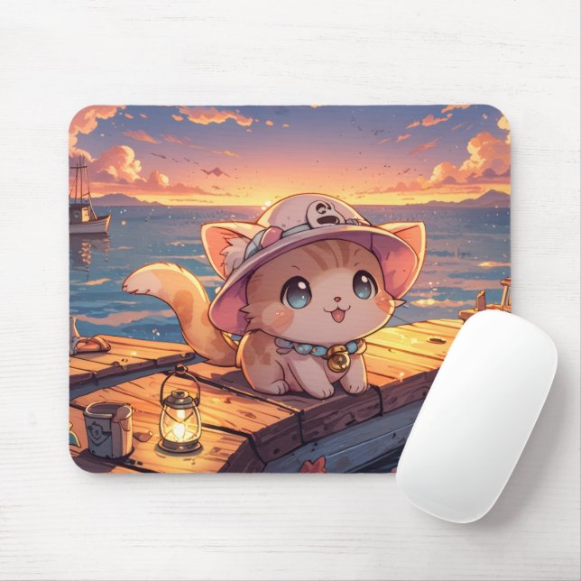 Cute Chibi Kitten at the Harbor Sunset – Whimsical Musmatta (Med mus)