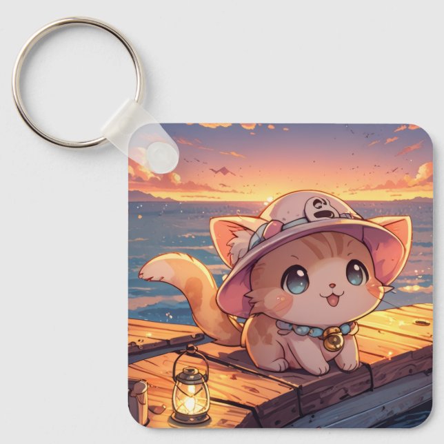 Cute Chibi Kitten at the Harbor Sunset – Whimsical Nyckelring (Framsida)