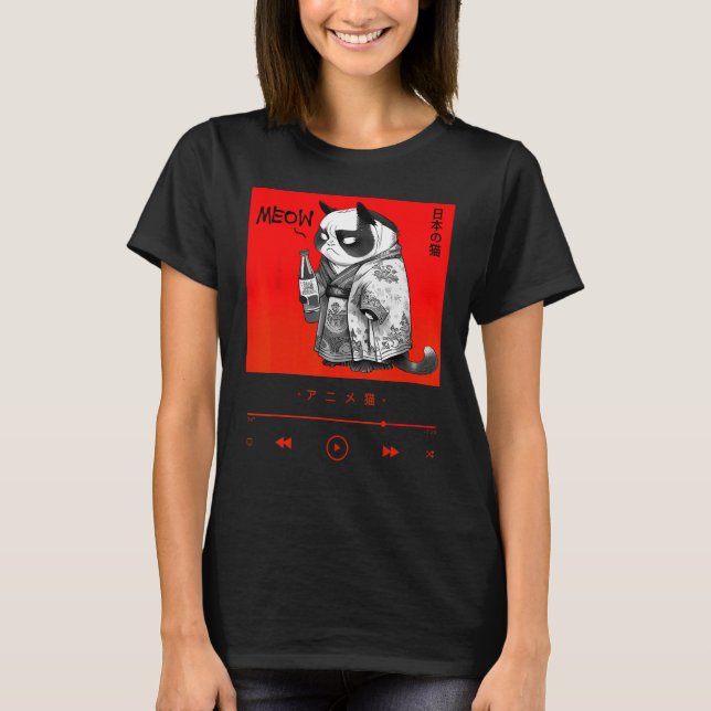 Cute Chibi Neko i Elegant Japanska Kimono Robe T Shirt (Framsida)