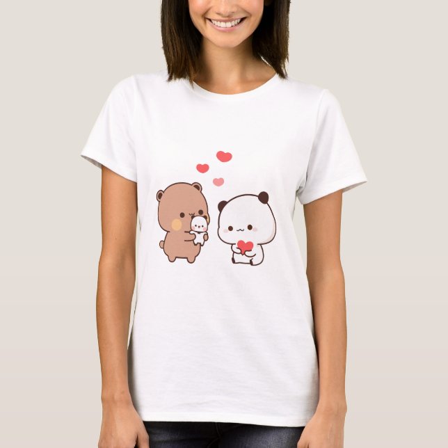 Cute chibi panda björn, mjölk och mocha hjärta kär t shirt (Framsida)