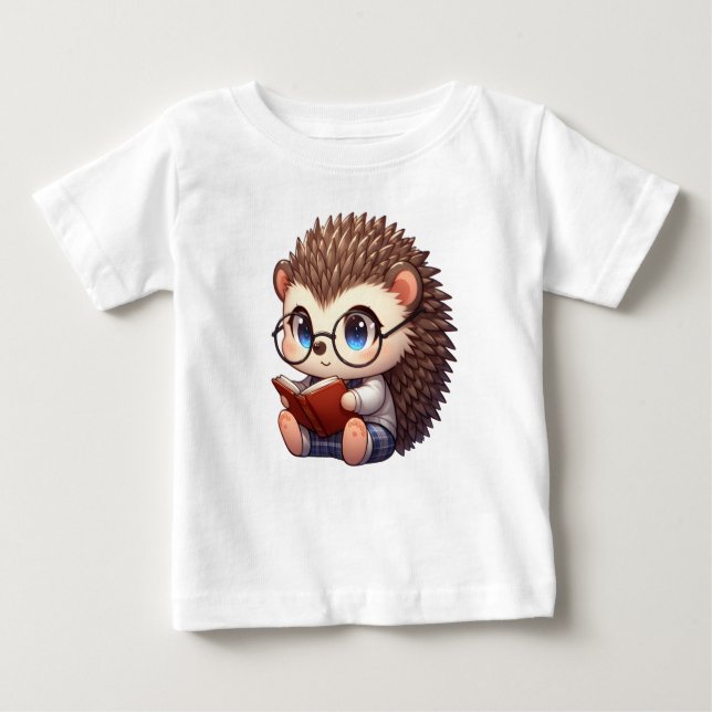 Cute Chibi Reading Hedgehog T Shirt (Framsida)