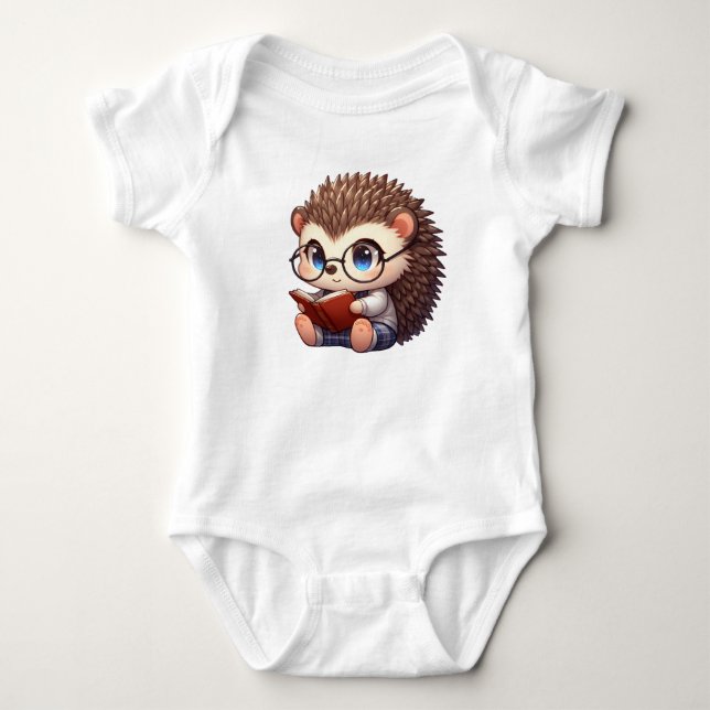 Cute Chibi Reading Hedgehog T Shirt (Framsida)