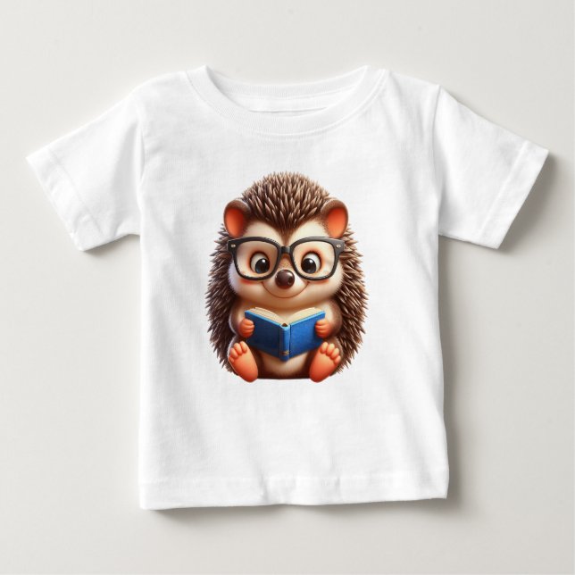 Cute Chibi Reading Hedgehog T Shirt (Framsida)