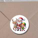 Cute Chibi Santa, Elf och Reindeer jul Runt Klistermärke<br><div class="desc">Kyla julklistermärken med tomten,  Elf och Reindeer ina chibi 3D stil.</div>