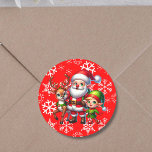 Cute Chibi Santa, Elf och Reindeer jul Runt Klistermärke<br><div class="desc">Kyla julklistermärken med tomten,  Elf och Reindeer ina chibi 3D stil. Snöflammans bakgrund.</div>