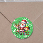 Cute Chibi Santa, Elf och Reindeer jul Runt Klistermärke<br><div class="desc">Kyla julklistermärken med tomten,  Elf och Reindeer ina chibi 3D stil. Snöflammans bakgrund.</div>
