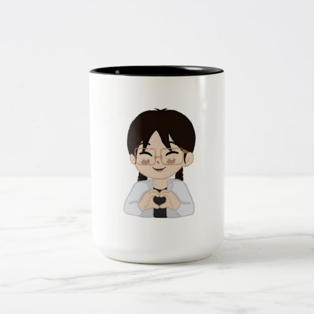 Cute Chibi Self-Portrait with Heart Hands Mug  Två-Tonad Mugg (Center)