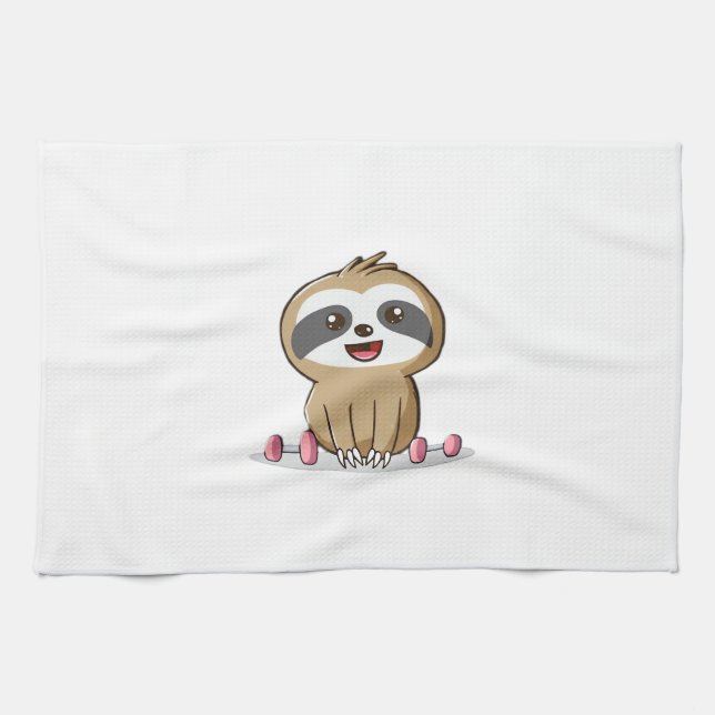 Cute Chibi Sloth Workout � Funny Kawaii Gym Animal Kökshandduk (Horisontell)
