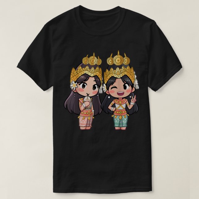 Cute Chibi Stil Kambodjanska Khmer Apsara BFF-vän T Shirt (Design framsida)