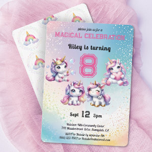 Cute Chibi Unicorn, oavsett ålder, födelsedagsfest Inbjudningar