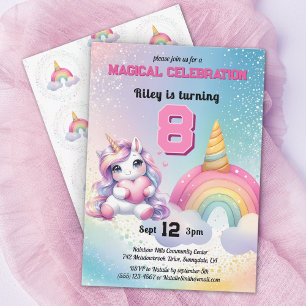 Cute Chibi Unicorn Rinbow födelsedagsfest Inbjudningar