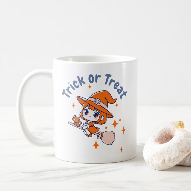 Cute Chibi Witch "Bus eller godis" Halloween Kaffemugg (Med munk)