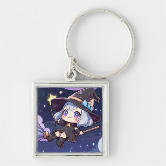 Cute Chibi Witch Flying in the Night Sky Fyrkantig Silverfärgad Nyckelring
