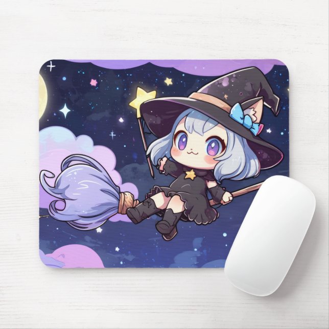 Cute Chibi Witch Flying in the Night Sky – Whimsic Musmatta (Med mus)