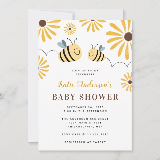 Cute Chic Bumblebee och Solrosbabyskor Inbjudningar (Framsida)