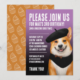 Cute Chic Corgi Hund Wearing Beret & Bandana Inbjudningar