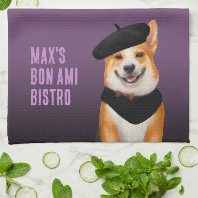 Cute Chic Corgi Hund Wearing Beret & Bandana Kökshandduk (Vikta)