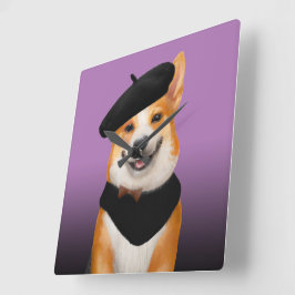 Cute Chic Corgi Hund Wearing Beret & Bandanna Fyrkantig Klocka