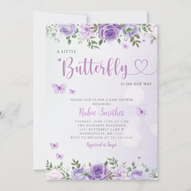 Cute Chic Lila Blommigt Butterfly Girl Baby Shower Inbjudningar (Framsida)