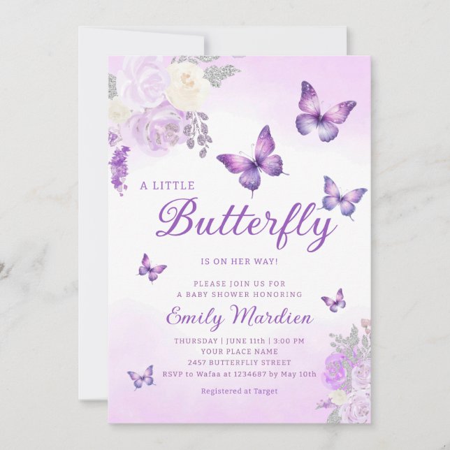 Cute Chic Lila Blommigt Butterfly Girl Baby Shower Inbjudningar (Framsida)