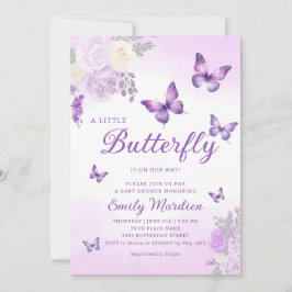 Cute Chic Lila Blommigt Butterfly Girl Baby Shower Inbjudningar