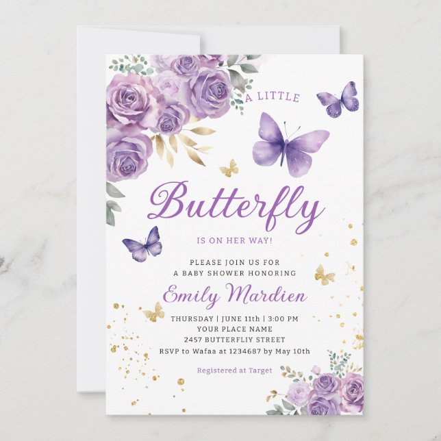 Cute Chic Lila Blommigt Butterfly Girl Baby Shower Inbjudningar (Framsida)