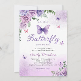 Cute Chic Lila Blommigt Butterfly Girl Baby Shower Inbjudningar