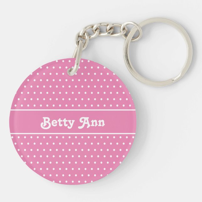 Cute Chic Namn Polka Dot Rosa & White Keychain (Baksidan)