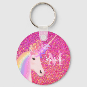Cute Chic Rainbow Unicorn Rosa Glitter Namn Nyckelring