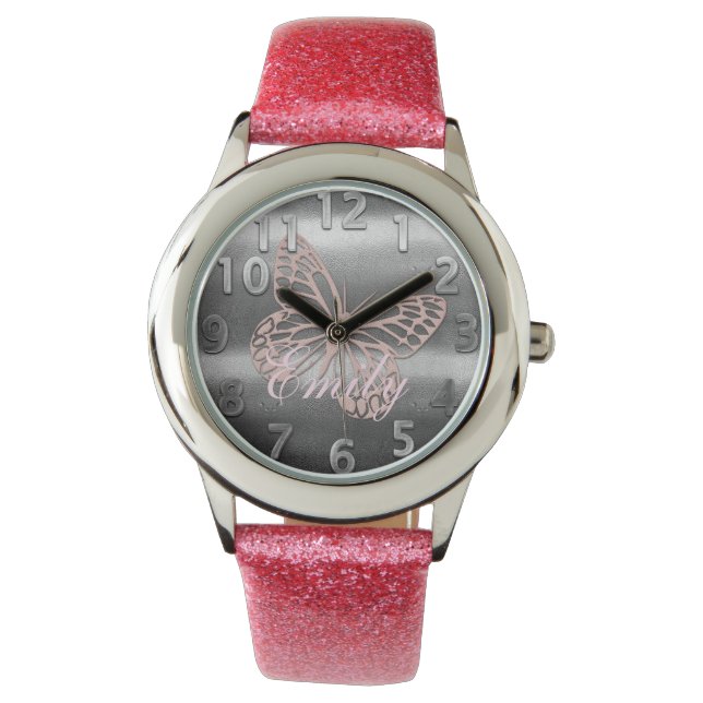 Cute Chic Silver Rosa Butterfly Add Namn Armbandsur (Framsida)