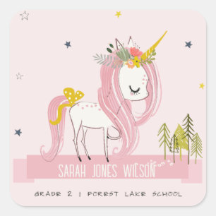 Cute Chic Whimsique Magic Unicorn Rosa Princess Fyrkantigt Klistermärke