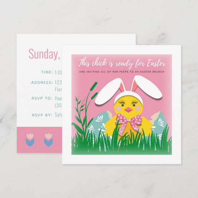 Cute Chick Inbjudan för Påsk Brunch (Fram/baksida)