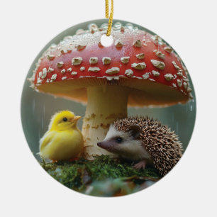 Cute Chick och Hedgehog som Gömmer under ett svamp Julgransprydnad Keramik
