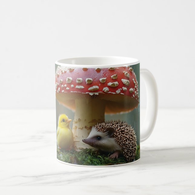 Cute Chick och Hedgehog som Gömmer under ett svamp Kaffemugg (Framsida höger)