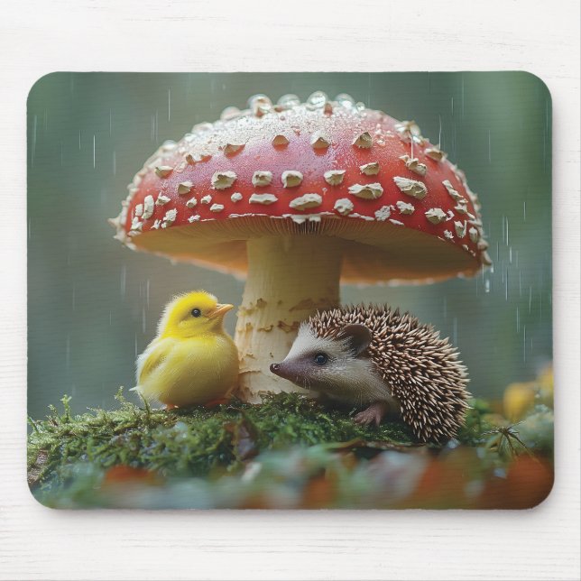 Cute Chick och Hedgehog som Gömmer under ett svamp Musmatta (Framsidan)