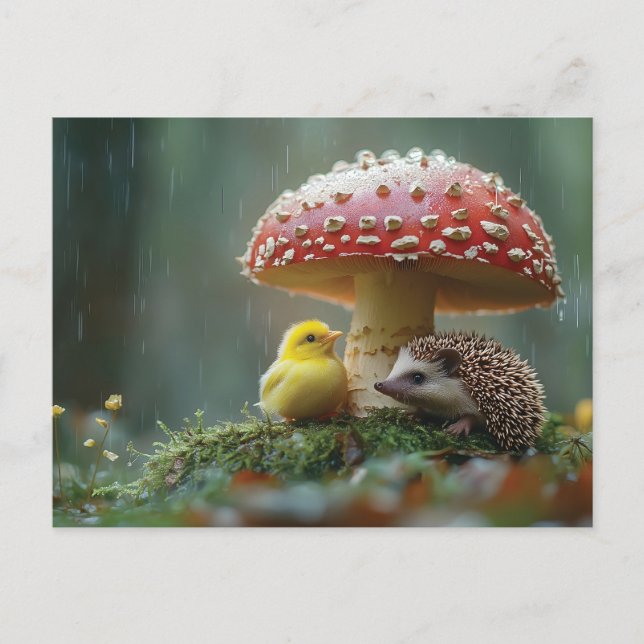 Cute Chick och Hedgehog som Gömmer under ett svamp Vykort (Framsida)