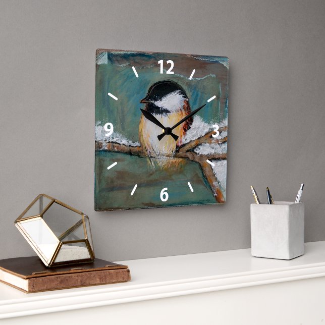Cute Chickadee Bird Art Fyrkantig Klocka (Cute Chickadee Bird Art Square Wall Clock from Jenn's Emporium.)