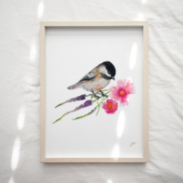 Cute Chickadee Bird Flowers Art Skriv ut Poster